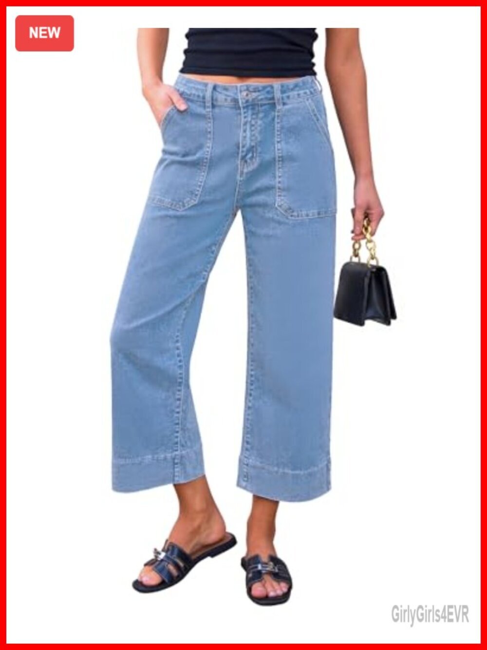 Wide Leg High Waisted Stretchy Denim Capris with Front Pockets